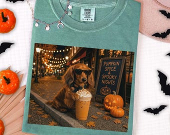 Comfort Colors Funny Dachshund Drinking Shirt, Halloween Dog Shirt, Wiener Dog Comfort colors , Sausage Dog Unisex Tee, Spooky Dog Lover Tee