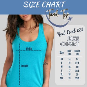 a woman wearing a blue tank top with measurements