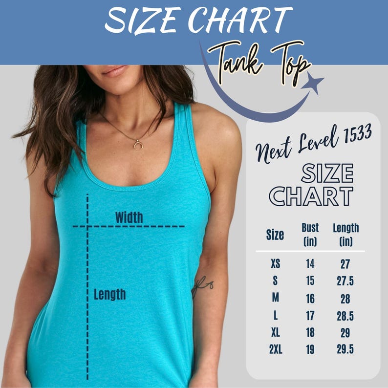 a woman wearing a blue tank top with measurements