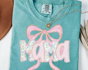 Floral Mama Shirt Comfort Colors  Mom Spring Tee Trendy Mom Tshirt Women&#39;s Flower Mama Shirt Pregnancy Reveal Gift Blue Pink Bow Shirt
