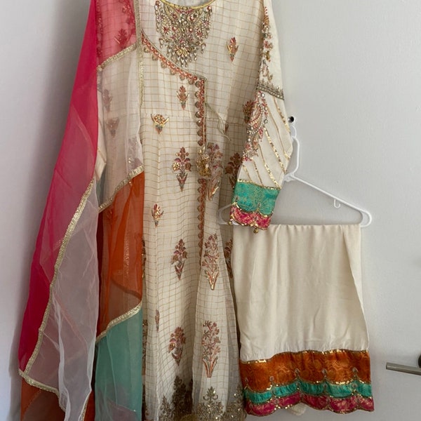 Pakistani off-white long Angrakha maxi frock ,stylish embroidered dress
