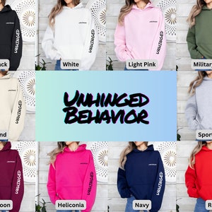 May include: A set of ten hooded sweatshirts in various colors, including black, white, light pink, military green, sand, sport grey, maroon, heliconia, navy, and red. Each sweatshirt features the text "UNHINGED" printed on the sleeve.