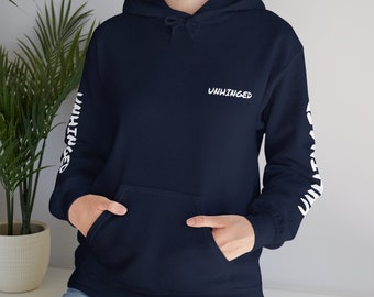 Unhinged Hoodie, Unisex Hoodie, Pullover, Letter Graphic, Kangaroo Pocket, Long Sleeve, Letter Graphic Sleeves, Gifts for Him, Gifts for Her
