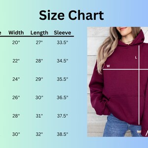 May include: Size chart for a hoodie with measurements in inches for width, length, and sleeve length. The chart shows sizes S, M, L, XL, 2XL, and 3XL. A burgundy hoodie is shown with lines indicating the measurements.