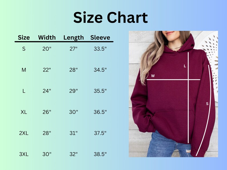 May include: Size chart for a hoodie with measurements in inches for width, length, and sleeve length. The chart shows sizes S, M, L, XL, 2XL, and 3XL. A burgundy hoodie is shown with lines indicating the measurements.
