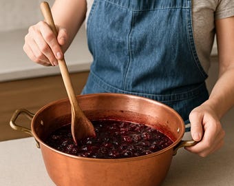 Eingemachter Marmeladentopf mit Messinggriffen, Einmachtopf aus reinem Kupfer, Vintage Kochgeschirr, französischer Kochtopf, große 10-Liter-Gelee-Pfanne, Kupferdekor