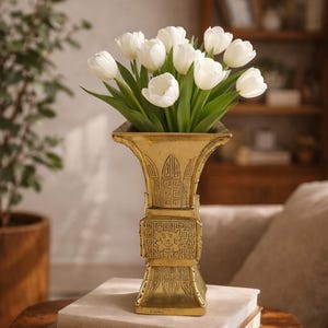 Vintage Chinese Brass Vase, Brass vase with Chinese Temple Guardian Faces, Oriental Baluster Shape, Etched Brass Decor, Rare Embossed Mark
