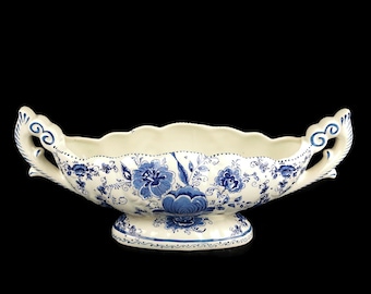 Cuenco vintage de cerámica de Delft con asas, centro de mesa floral azul de Delftware holandés pintado a mano, decoración de cerámica holandesa, jardinera de Delft