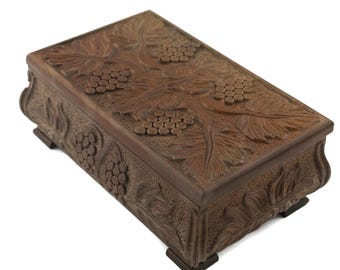 Carved Wooden Jewelry Box, Handmade Engraved Wood Jewelry Storage, Vintage Desk Organizer & Vanity Table Accessory