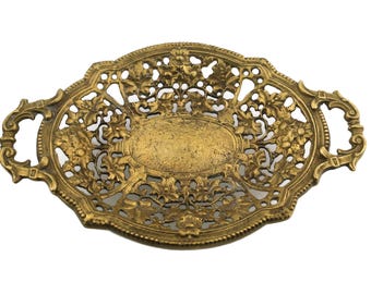 Brass Filigree Oval Fruit Bowl, Embossed Brass Fruit Bowl with Handles, Ornate Elegant Brass Candy Bowl, Brass Trinket Tray, Jewelry Bowl
