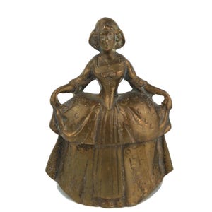 Vintage Brass Lady Bell, Crinoline Dress Figurine, English Victorian Style, Figurative Brass Bell, Tiered Gown Table Bell, Vintage Gift Idea