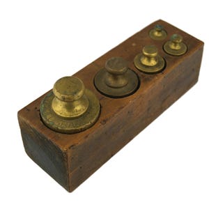 Antique Brass Apothecary Weights, Vintage Metric Weight Set, Wooden Stand With Gram Weights, 50 gr To 1 kg, Vintage Balance Scale Decor