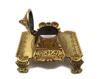 Antique French Brass Inkwell, Ornate Bass Single Inkwell, Engraved Inkwell, 19th Century French Inkwell