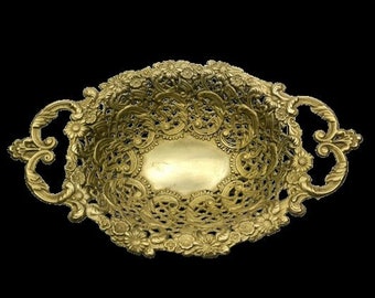 Brass Filigree Oval Fruit Bowl, Embossed Brass Fruit Bowl with Handles, Ornate Elegant Brass Candy Bowl, Brass Trinket Tray, Jewelry bowl.