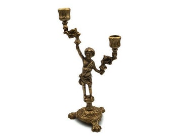 Portacandele vintage Cherubino, candelabro in ottone metallico di metà secolo, portacandele a 2 bracci, decorazione per matrimoni per cena in casa