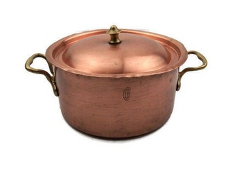 French Copper Pot with Brass Handles, Vintage Cooking Pot with Handles and Lid, Copper Kitchenware, Casserole Dish, Vintage Stock Pot