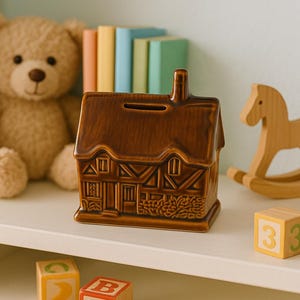 Vintage Ceramic Piggy Bank, House-Shaped Money Box, Made in Devon, Cottage Style Coin Bank, Little Home Accent, Gift Idea