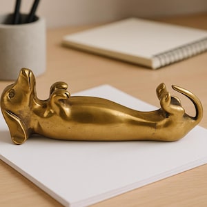 Vintage Solid Brass Dachshund Figurine, Antique Sausage Dog Statue, Business Card Holder Paperweight, Rustic Brass Animal Desk Decor