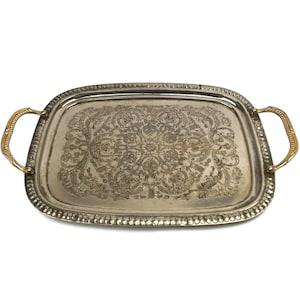 Vintage Serving Tray with Handles, Handmade Moroccan Large Silver Plateau, Hand Engraved Metal Moroccan Tray, SADF - Fabrique Au Maroc