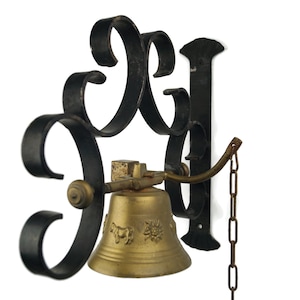 Vintage Brass Door Bell, Swiss Front Ringer with Iron Stand for Porch Decor, Manual Bell with Chain Hanger, Rustic Home Accent