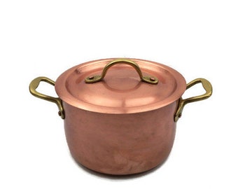 Utensilios de cocina de cobre vintage, olla de cobre hecha a mano con asas de latón, olla de cazuela de cobre con tapa de latón