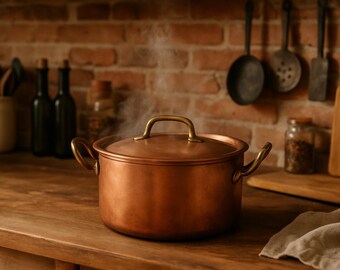 Vintage Copper Cookware With Lid, Classic Casserole Pot, Rustic Copper Pan, Cooking Gift For Lovers, Rustic Casserole Pot