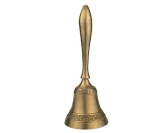 May include: A vintage-style brass bell with a long, slender handle and a flared base. The bell features an ornate floral pattern around the base. The bell is made of a shiny, gold-colored metal and is isolated on a white background.