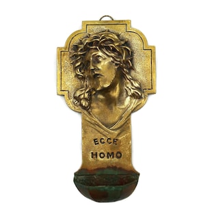 Heavy Bronze Holy Water Font of Christ, Vintage Religious Wall Hanging for Home Decor, Thoughtful Gift for Devotees