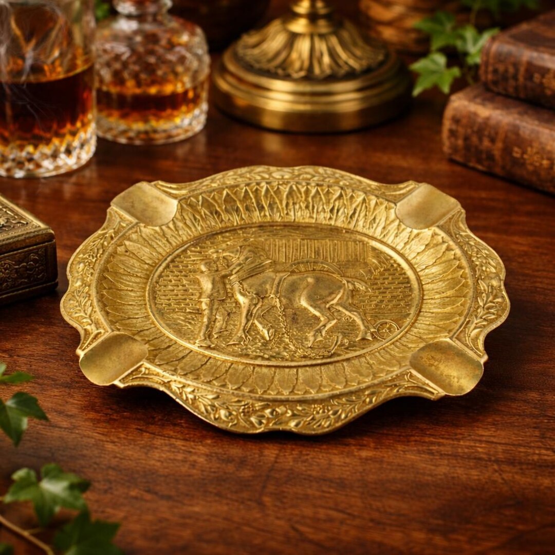Vintage Brass Horse Ashtray, Forest Design, Brass Trinket Dish
