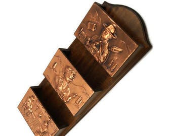Wood Mail Holder with Vintage Copper Finish, Desk Organizer, Letter Sorter, Rustic Office Decor, Desktop Storage