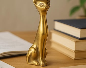 Vintage Solid Brass Cat Figurine - Elegant Brass Cat Paperweight - Decorative Brass Cat Sculpture for Home or Office Decor