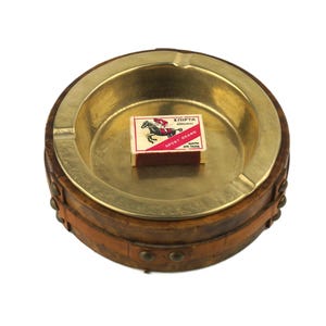 Brass Cigar Ashtray With 3 Slots,  Vintage Tobacciana Ashpan With Heirloom Leather Holder, German Collectible Ashtray, ARTE Medici
