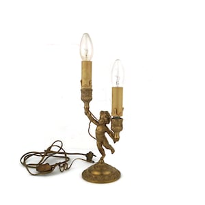 French Cherub Lamp Victorian Dual Candle Stick Lights, Crown & Vine Details, Gilt Antique Victorian  Bronze Lamp, Art Deco Table Lamp