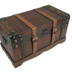 Vintage Wooden Box, Antique Storage Chest with Handles & Leather Straps, Rustic Treasure Box for Home Decor or Organizing, Unique Gift Idea
