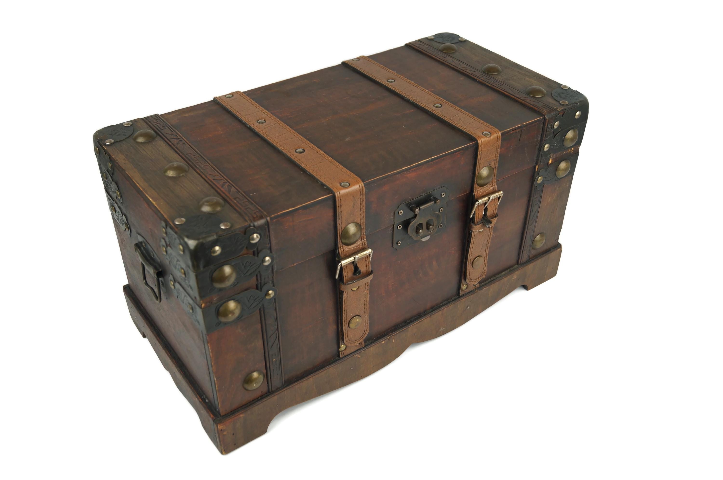 Vintage Wooden Box, Antique Storage Chest with Handles & Leather Straps, Rustic Treasure Box for Home Decor or Organizing, Unique Gift Idea