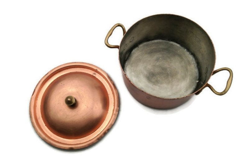 Pentola in rame francese con manici in ottone, pentola da cucina vintage con manici e coperchio, utensili da cucina in rame, casseruola, pentola vintage immagine 3