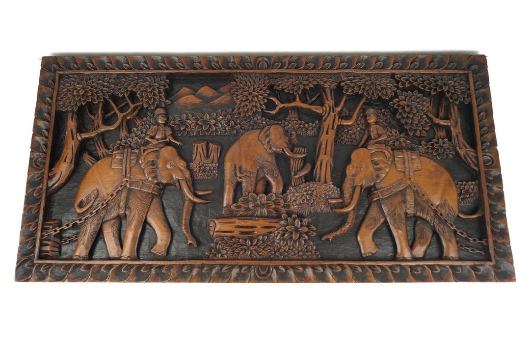 Large Natural Wood Carving Wall Art Decor, Natural Color Elephant and ...
