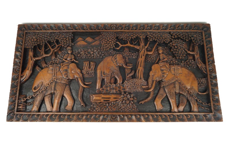 Large Natural Wood Carving Wall Art Decor, Natural Color Elephant and ...