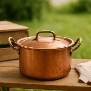 Op de afbeelding: Een koperen kookpot met een deksel en messing handvatten staat op een houten oppervlak. Er komt stoom uit de pot, wat suggereert dat hij in gebruik is. Een houten kist en een linnen doek liggen ook op de tafel.