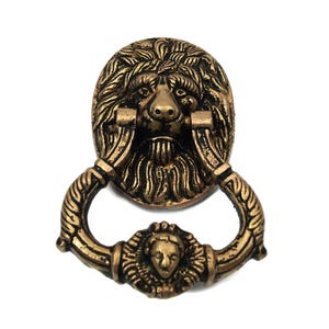 May include: A gold lion's head door knocker with a detailed design. The knocker is in the shape of a ring with a lion's head in the centre.