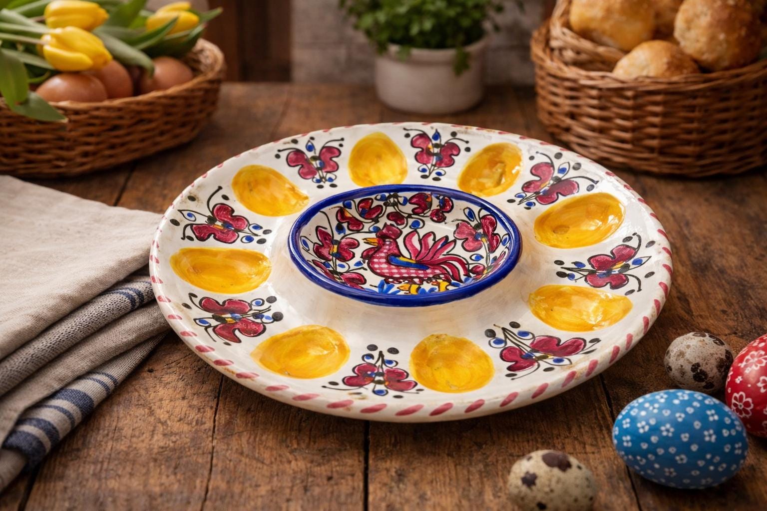 エッグプレート Vintage Egg Platter - Ceramic Yellow & White Egg Plate With Hen