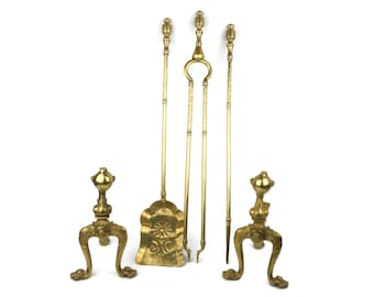 Vintage Brass Fireplace Tool Set, Ornate Lion Paw Andirons, Poker, Tongs & Shovel, Antique Hearth Decor, Victorian Style Fireside Set