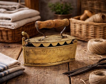 Brass Coal Iron Vintage Charcoal Iron, Retro Old Clothes Iron with Wooden Handle, Antique 19th Century Laundry Decor Iron