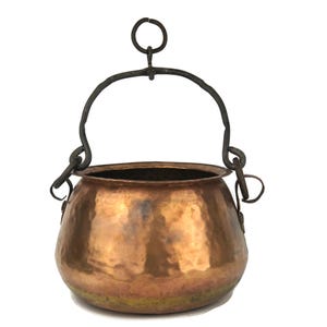 Antique Copper Cauldron Pot with Wrought Iron Handle, Vintage Hanging Fire Pit Pot, Rustic Copper Planter, Farmhouse Kitchen Decor