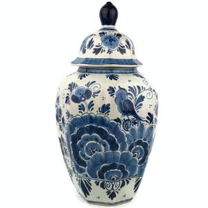 Pot à gingembre en céramique vintage, vase urne de Delft, vase à couvercle bleu hollandais et blanc, oiseau et fleurs, récipient décoratif antique, décor éclectique