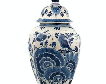 Vintage Ceramic Ginger Jar, Delft Vase Urn, Dutsch Blue And White Lidded Vase, Bird & Flowers, Antique Decor Container, Eclectic Decor