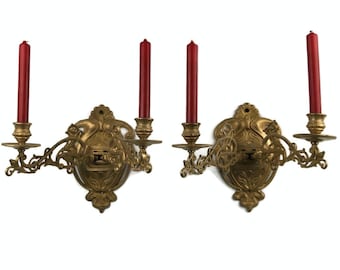 Antique Bronze Piano Sconces, Wall Mounted Candle Holders, Ornate Swing Arm Candlestick, French Candle Lights, Rococo Style Pair, Wall Decor