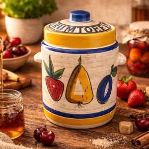 Vintage Ceramic Rumtopf, Large Storage Pot with Lid, West Germany Kitchen Decor, Unique Ceramic Container for Home Decor