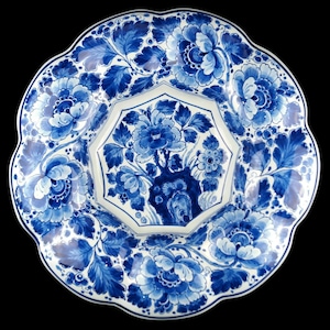 Vintage Royal Delft Wall Plate, Large Ceramic Handpainted Lobed Dish with Floral Motive, 1955 Porceleyne Fles, Unique Home Accent, Gift Idea