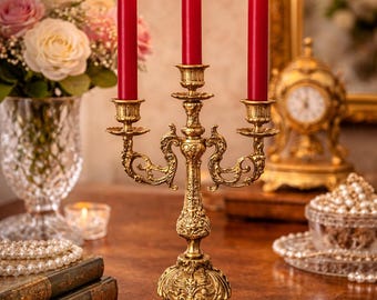 Large Candle Holder For 3 Candles, Vintage Candelabra, Brass Candlesticks Holder, Embossed Brass Ornate, 3 Branch Candle Stand, Table Decor
